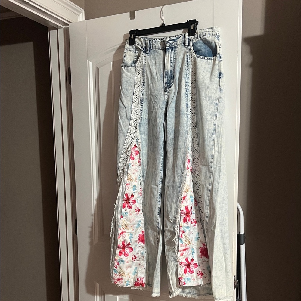 POL Light Blue Floral Patchwork Flare Jeans